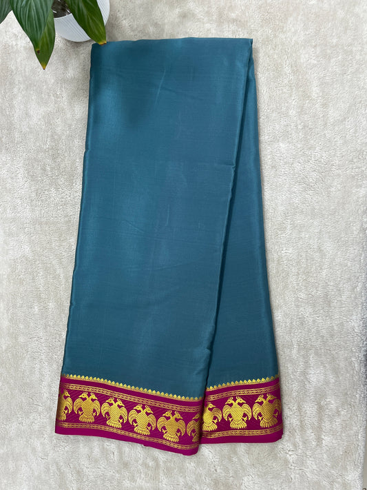 Pure Mysore Silk Gandaberunda Border In Teal Blue With Pink Contrast Blouse
