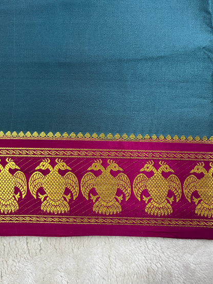 Pure Mysore Silk Gandaberunda Border In Teal Blue With Pink Contrast Blouse