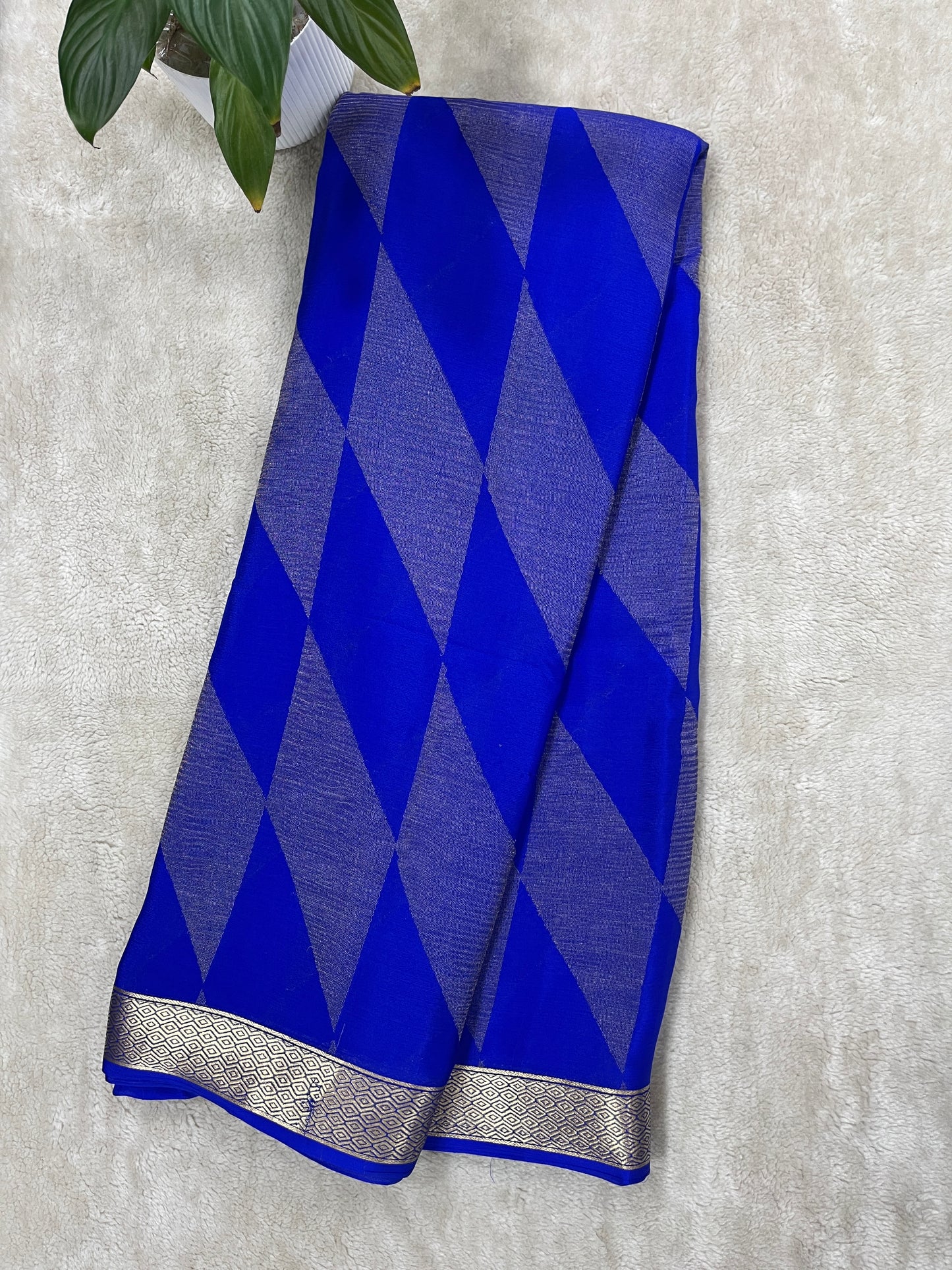 Pure Crepe Mysore Silk Saree In  Diamond Crush Brocade With Royal Blue Self Blouse