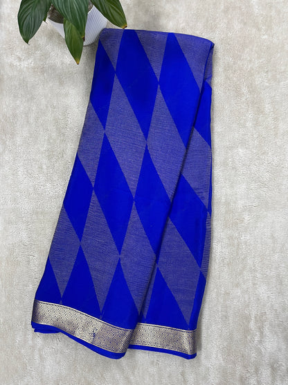 Pure Crepe Mysore Silk Saree In  Diamond Crush Brocade With Royal Blue Self Blouse