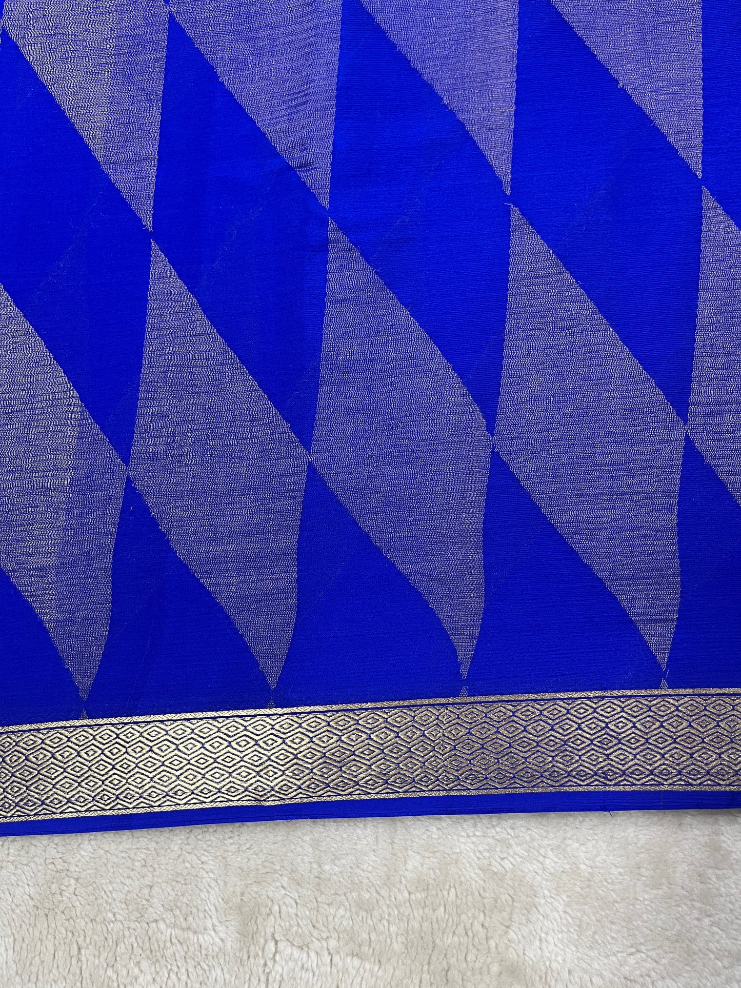 Pure Crepe Mysore Silk Saree In  Diamond Crush Brocade With Royal Blue Self Blouse
