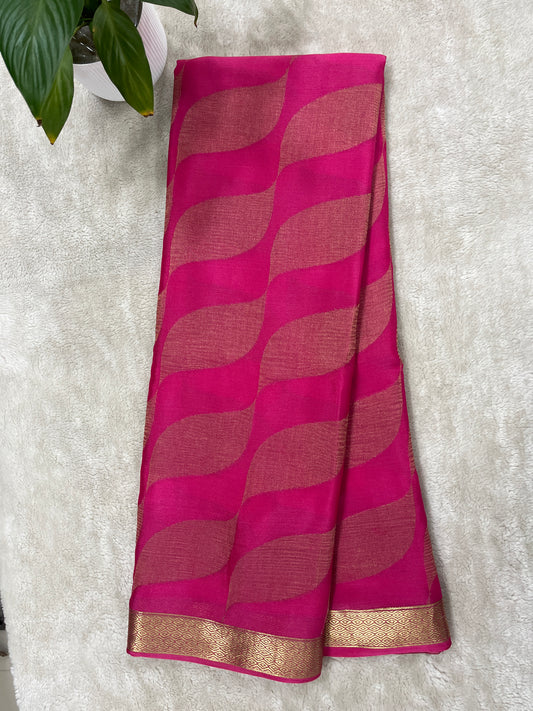 Pure Crepe Mysore Silk Saree In  Diamond Crush Brocade With Pink Self Blouse