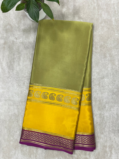 Pure Crepe Mysore Silk 3D Saree In Green with Yellow Contrast Blouse
