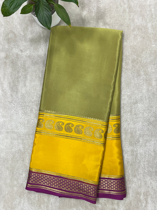Pure Crepe Mysore Silk 3D Saree In Green with Yellow Contrast Blouse