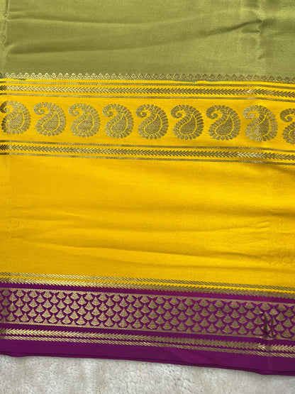 Pure Crepe Mysore Silk 3D Saree In Green with Yellow Contrast Blouse