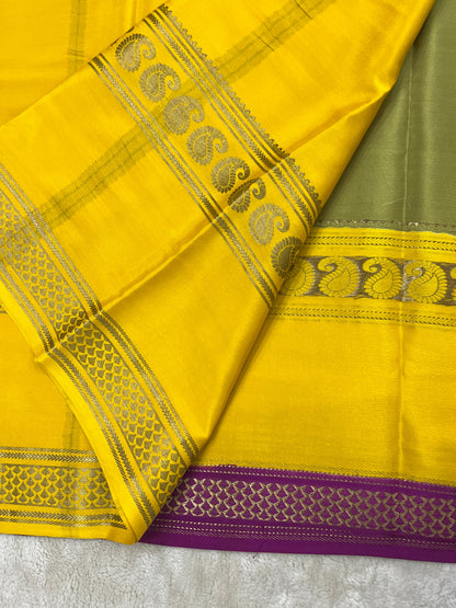 Pure Crepe Mysore Silk 3D Saree In Green with Yellow Contrast Blouse