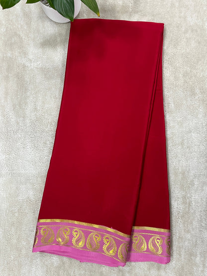Pure Mysore Silk Saree In Patti Border With Red and Pink Contrast Blouse