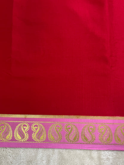 Pure Mysore Silk Saree In Patti Border With Red and Pink Contrast Blouse