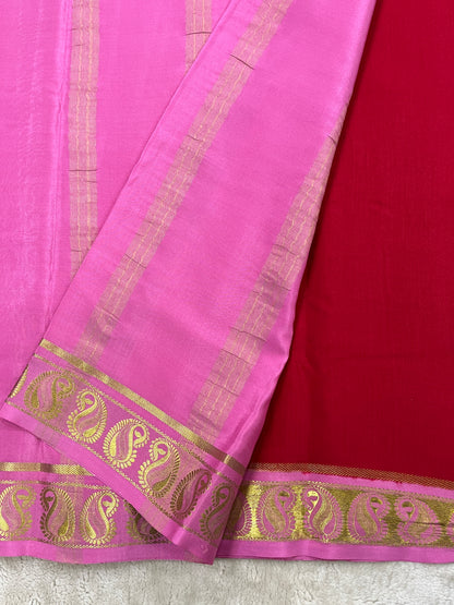 Pure Mysore Silk Saree In Patti Border With Red and Pink Contrast Blouse