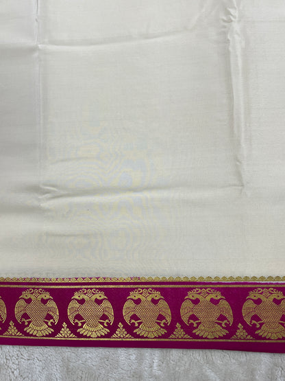 Pure Mysore Silk Gandaberunda Border In White With Pink Contrast Blouse