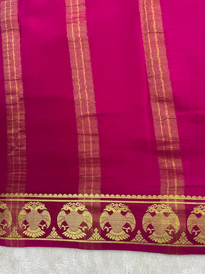 Pure Mysore Silk Gandaberunda Border In White With Pink Contrast Blouse