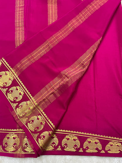 Pure Mysore Silk Gandaberunda Border In White With Pink Contrast Blouse