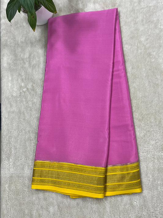 Pure Crepe Mysore Silk Patti Border In Pink with Contrast Yellow Blouse