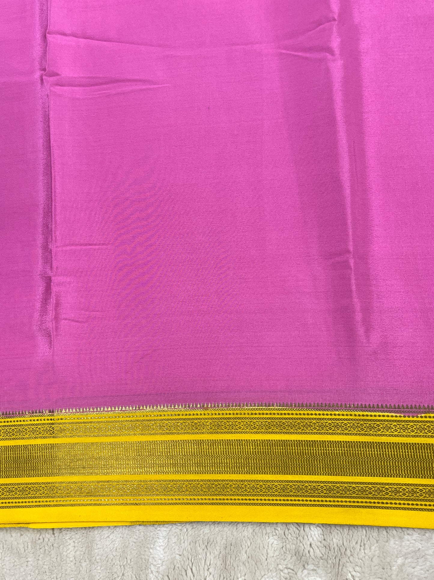 Pure Crepe Mysore Silk Patti Border In Pink with Contrast Yellow Blouse
