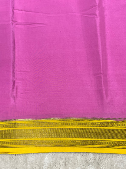 Pure Crepe Mysore Silk Patti Border In Pink with Contrast Yellow Blouse