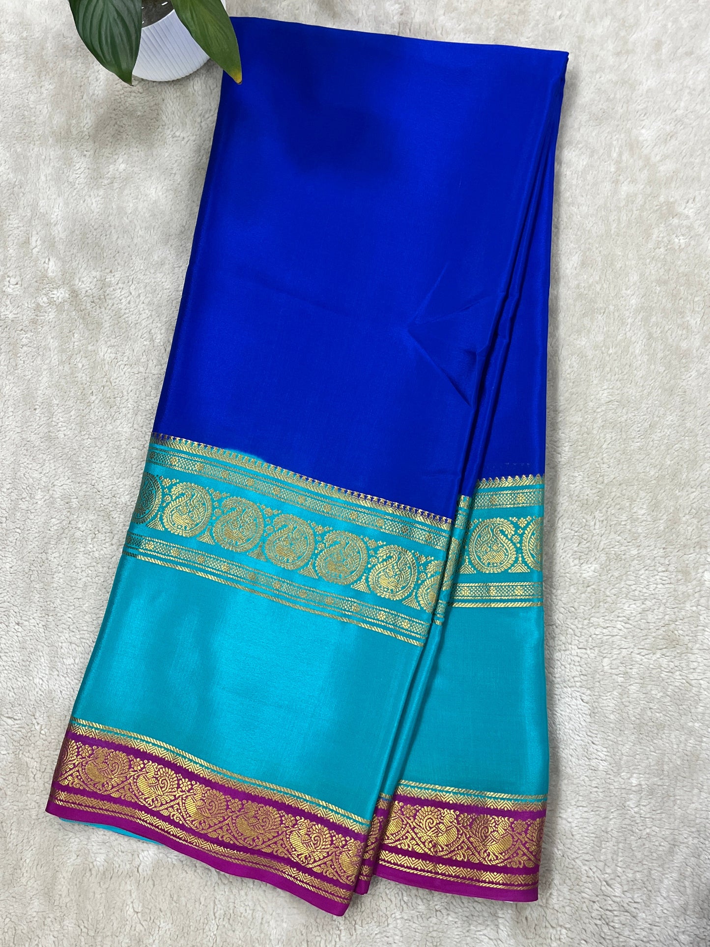 Pure Crepe Mysore Silk-3D Saree  In Royal Blue and Sky Blue with Pink Border and Contrast Blouse- 50% off