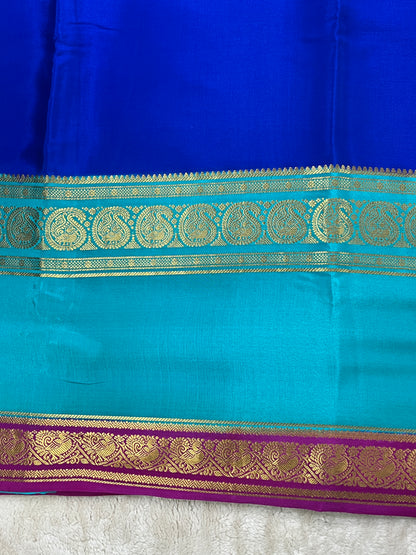 Pure Crepe Mysore Silk-3D Saree  In Royal Blue and Sky Blue with Pink Border and Contrast Blouse- 50% off