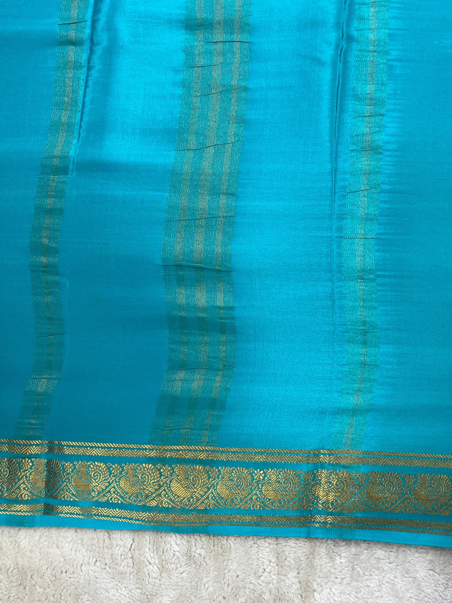 Pure Crepe Mysore Silk-3D Saree  In Royal Blue and Sky Blue with Pink Border and Contrast Blouse- 50% off