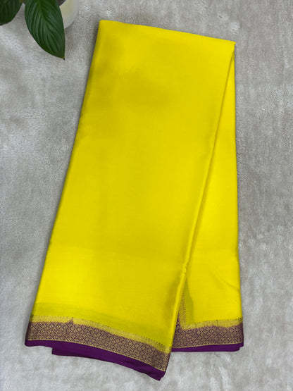 Pure mysore silk saree in Plain Yellow with Contrast Purple Blouse -16271501