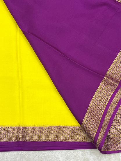 Pure mysore silk saree in Plain Yellow with Contrast Purple Blouse -16271501