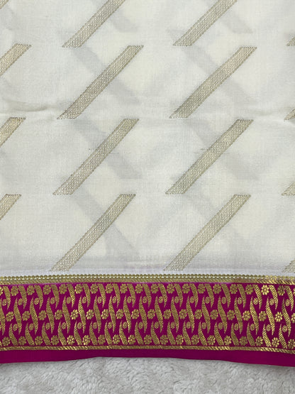 Pure mysore silk saree with Butta in White with Contrast Pink Blouse - 16271504