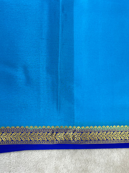 Pure Crepe Mysore Silk Saree in Blue WIth Royal Blue Contrast Border and Blouse