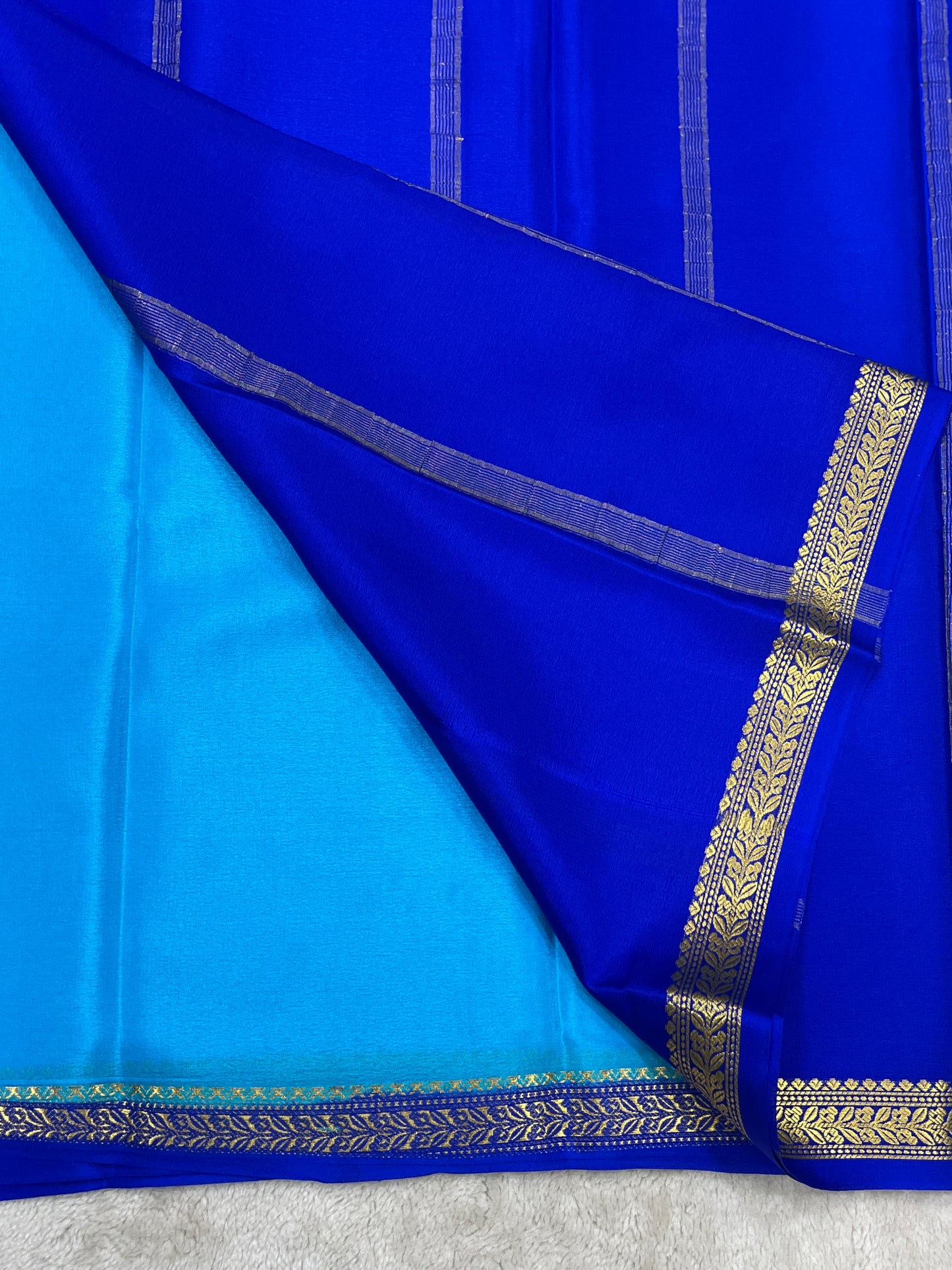 Pure Crepe Mysore Silk Saree in Blue WIth Royal Blue Contrast Border and Blouse