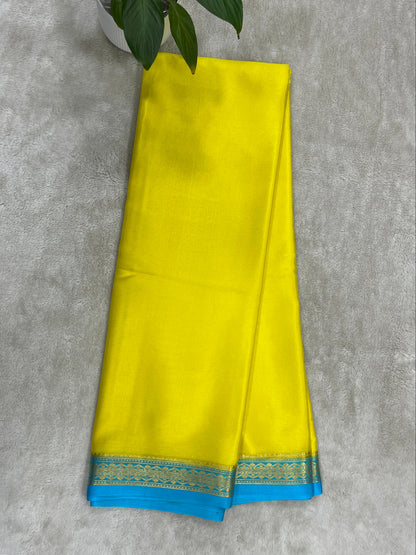 Pure Crepe Mysore Silk Saree in Yellow & Blue Contrast Border With Blouse