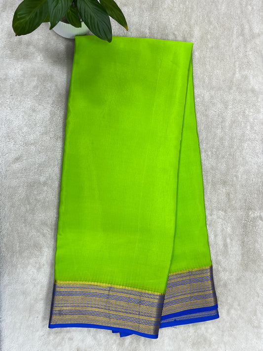 Pure Crepe Mysore Silk Saree in Green & Blue Contrast Border With Blouse