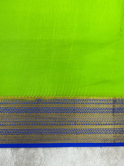 Pure Crepe Mysore Silk Saree in Green & Blue Contrast Border With Blouse
