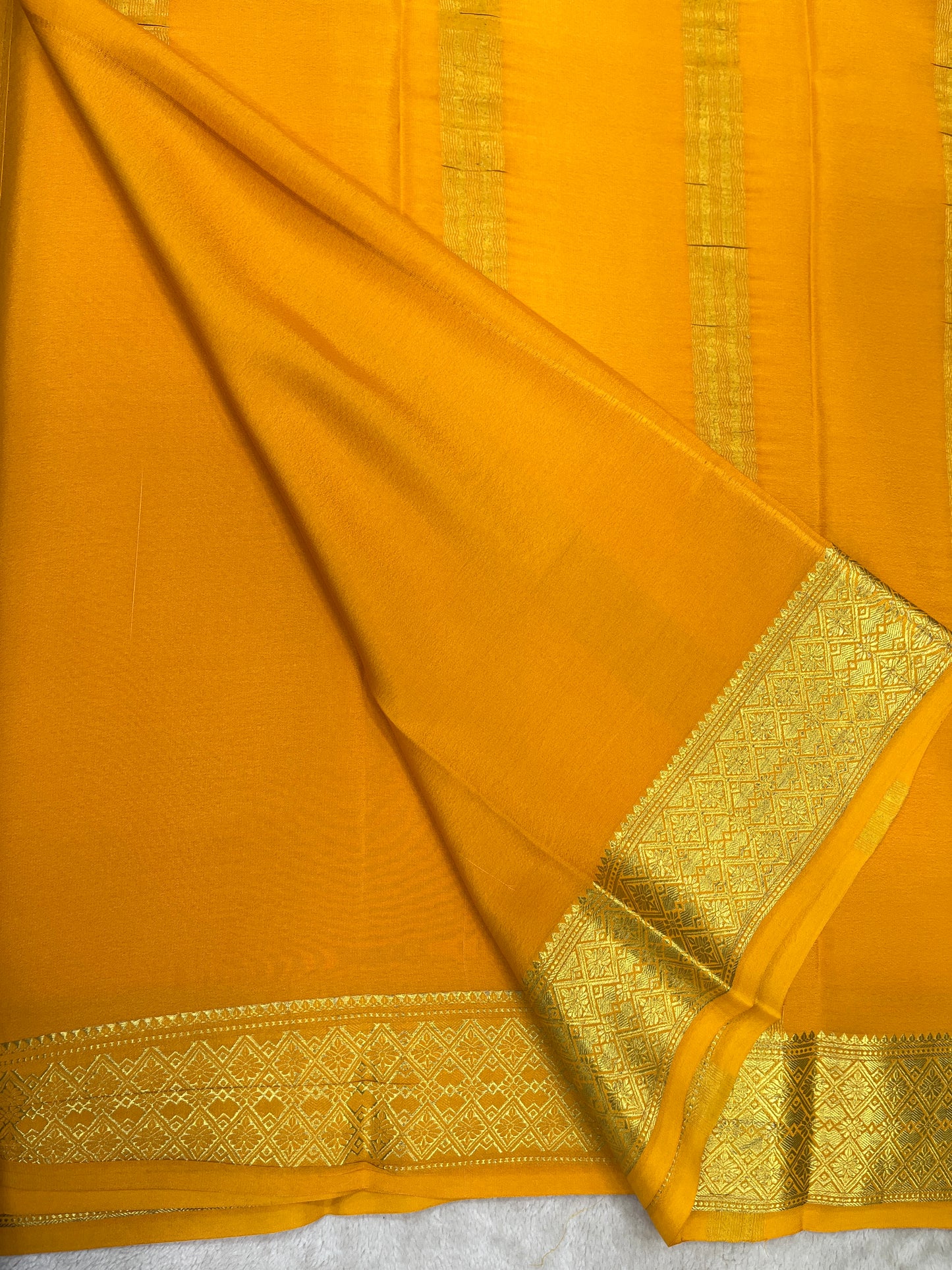 Pure Crepe Mysore Silk Saree With Yellow in self color Blouse