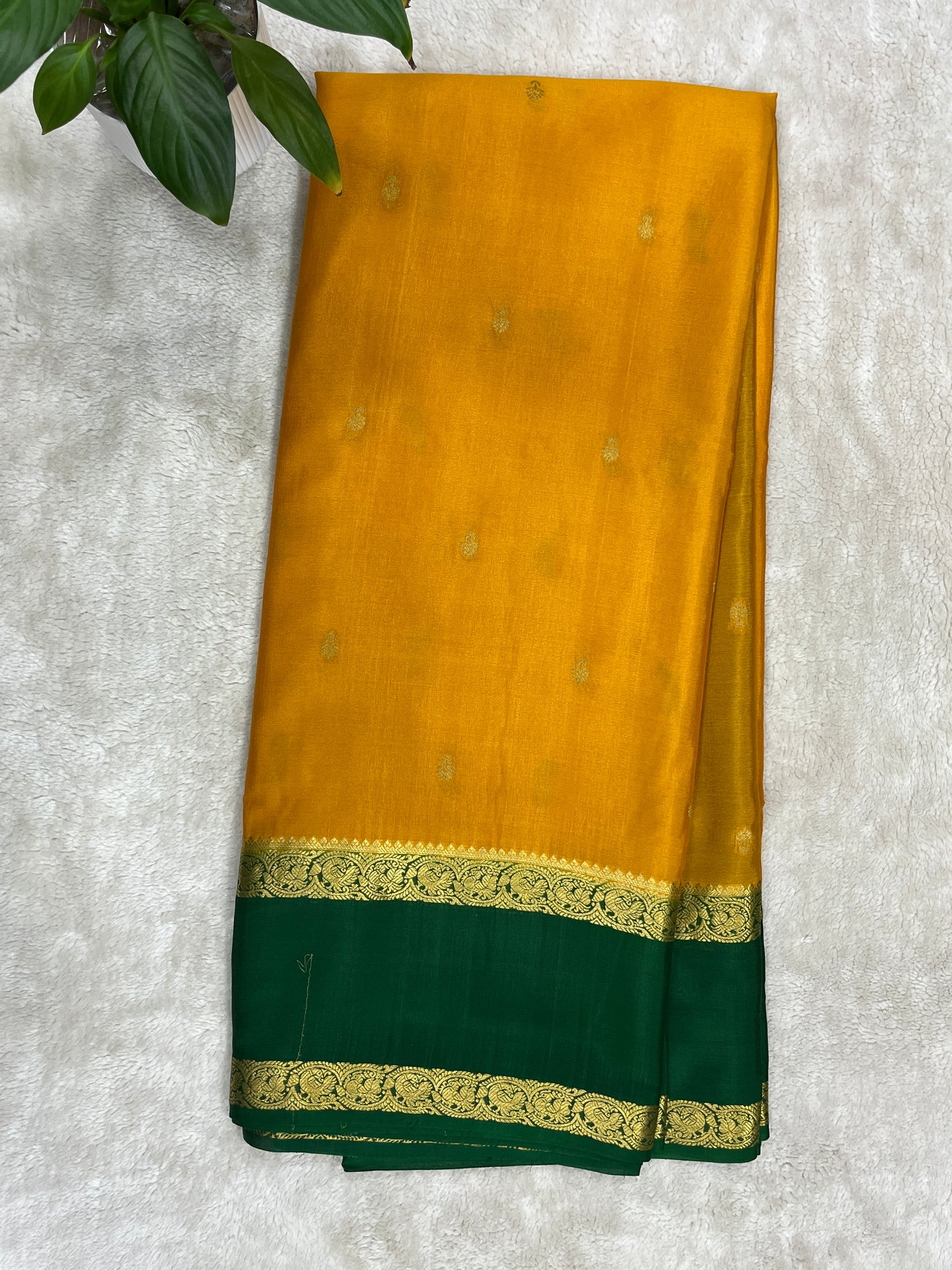 Pure Crepe Mysore Silk Saree in Yellow & Green Contrast border With Blouse
