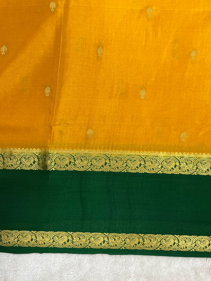 Pure crepe Mysore silk saree In Yellow With Green Border & Contrast Blouse- 1145312