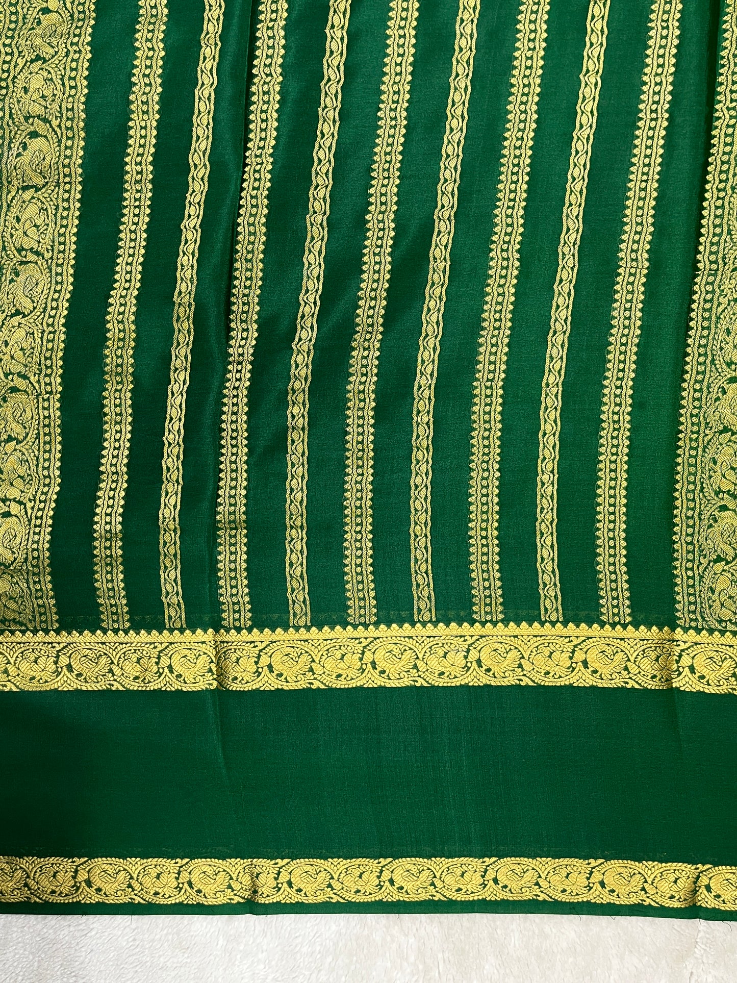Pure Crepe Mysore Silk Saree in Yellow & Green Contrast border With Blouse