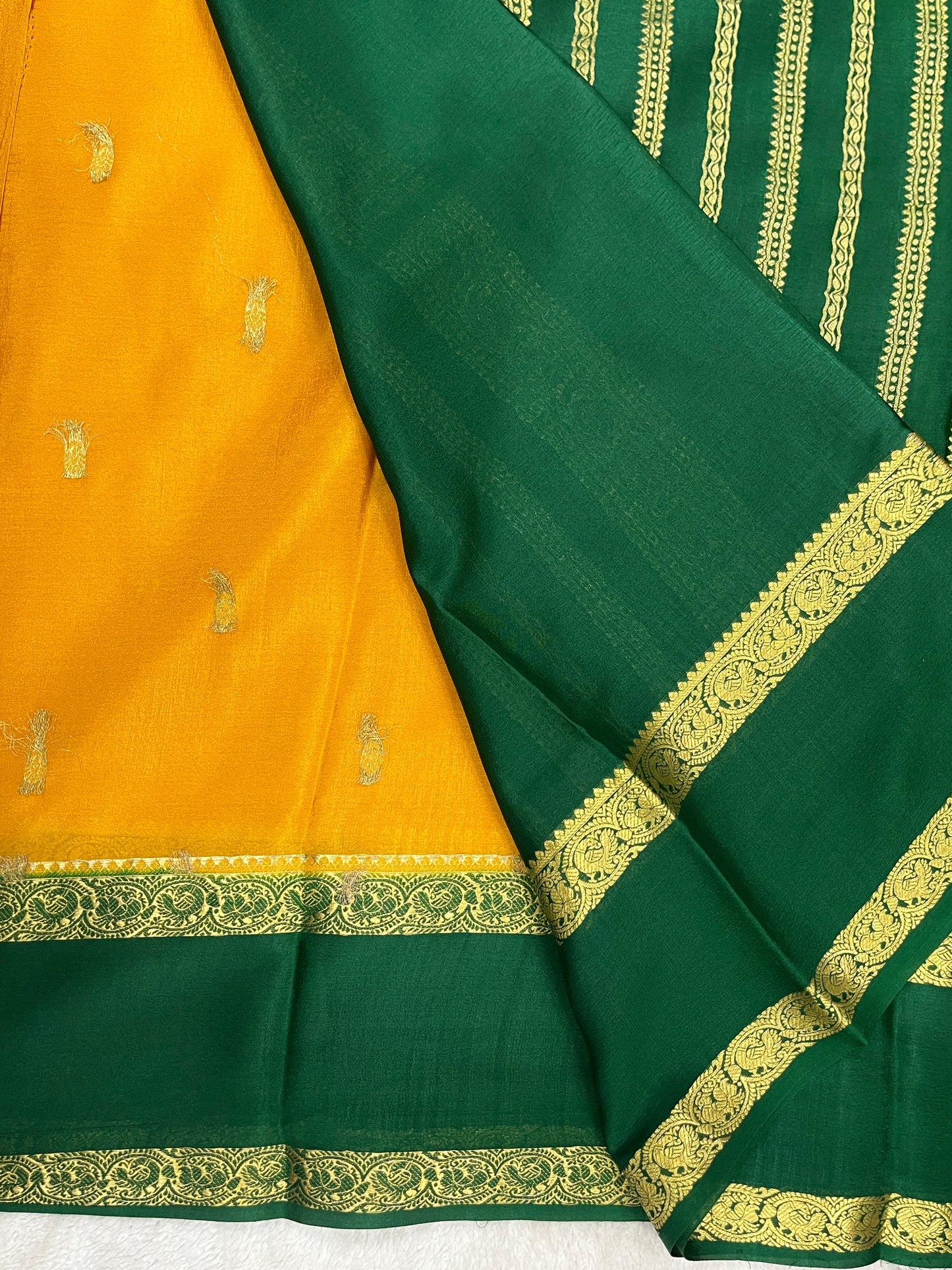 Pure Crepe Mysore Silk Saree in Yellow & Green Contrast border With Blouse