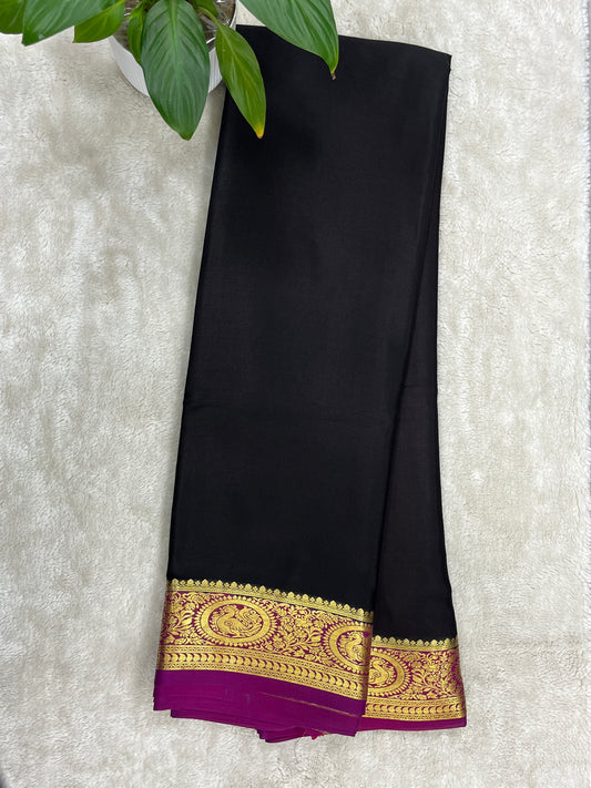 Pure crepe Mysore silk saree In Black & Red With Contrast Blouse- 1146006