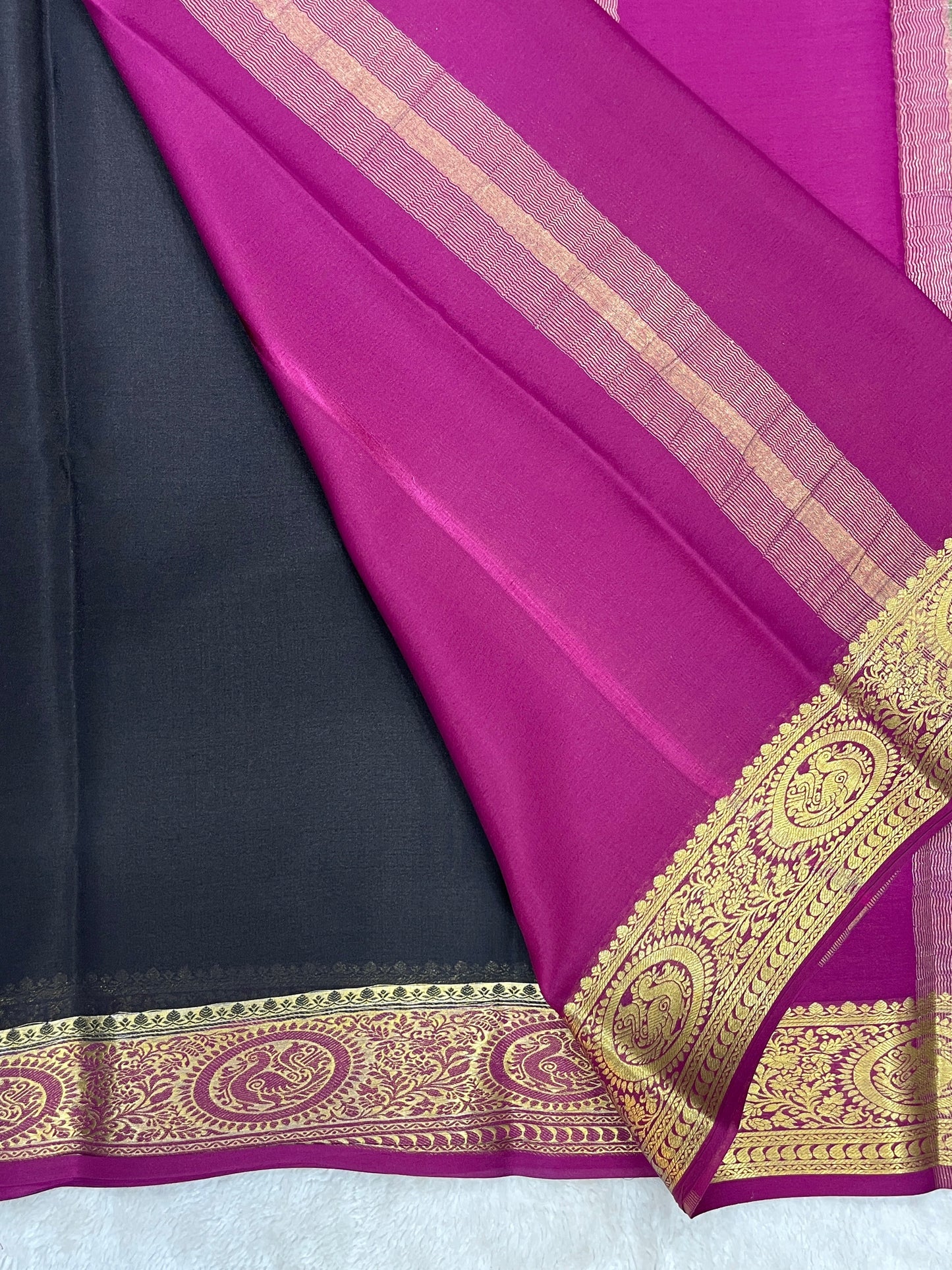Pure crepe Mysore silk saree In Black & Red With Contrast Blouse- 1146006