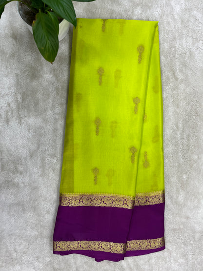 Pure crepe Mysore silk saree In Green With Pink Border & contrast Blouse  - 1145312