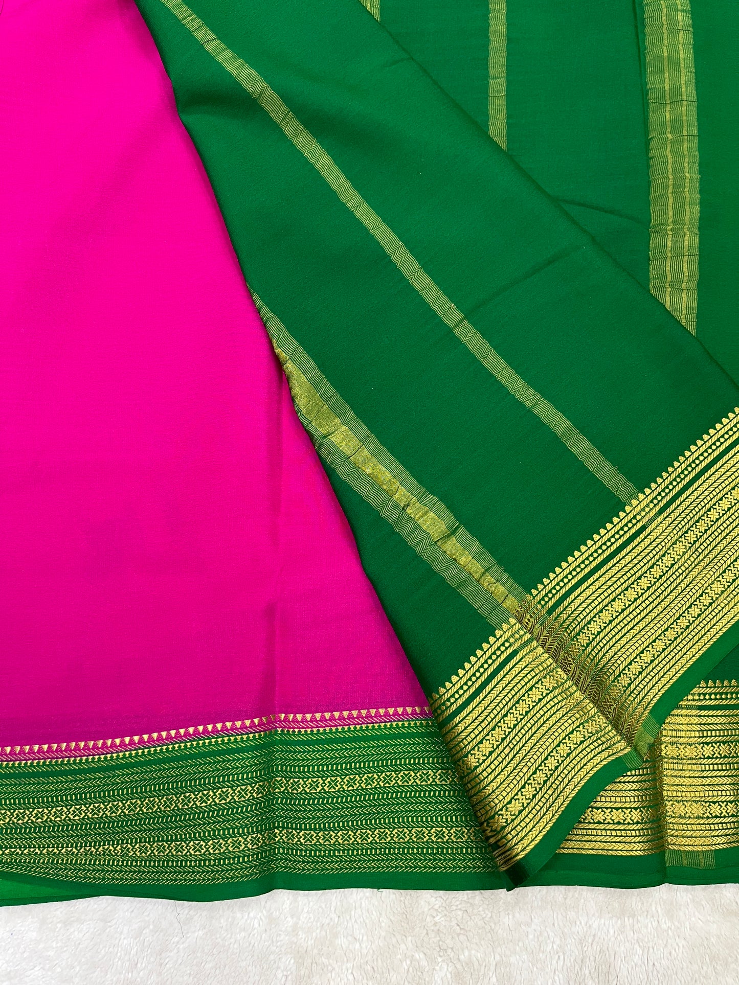 Pure Crepe Mysore Silk Saree in pink and green contrast  - 1146004