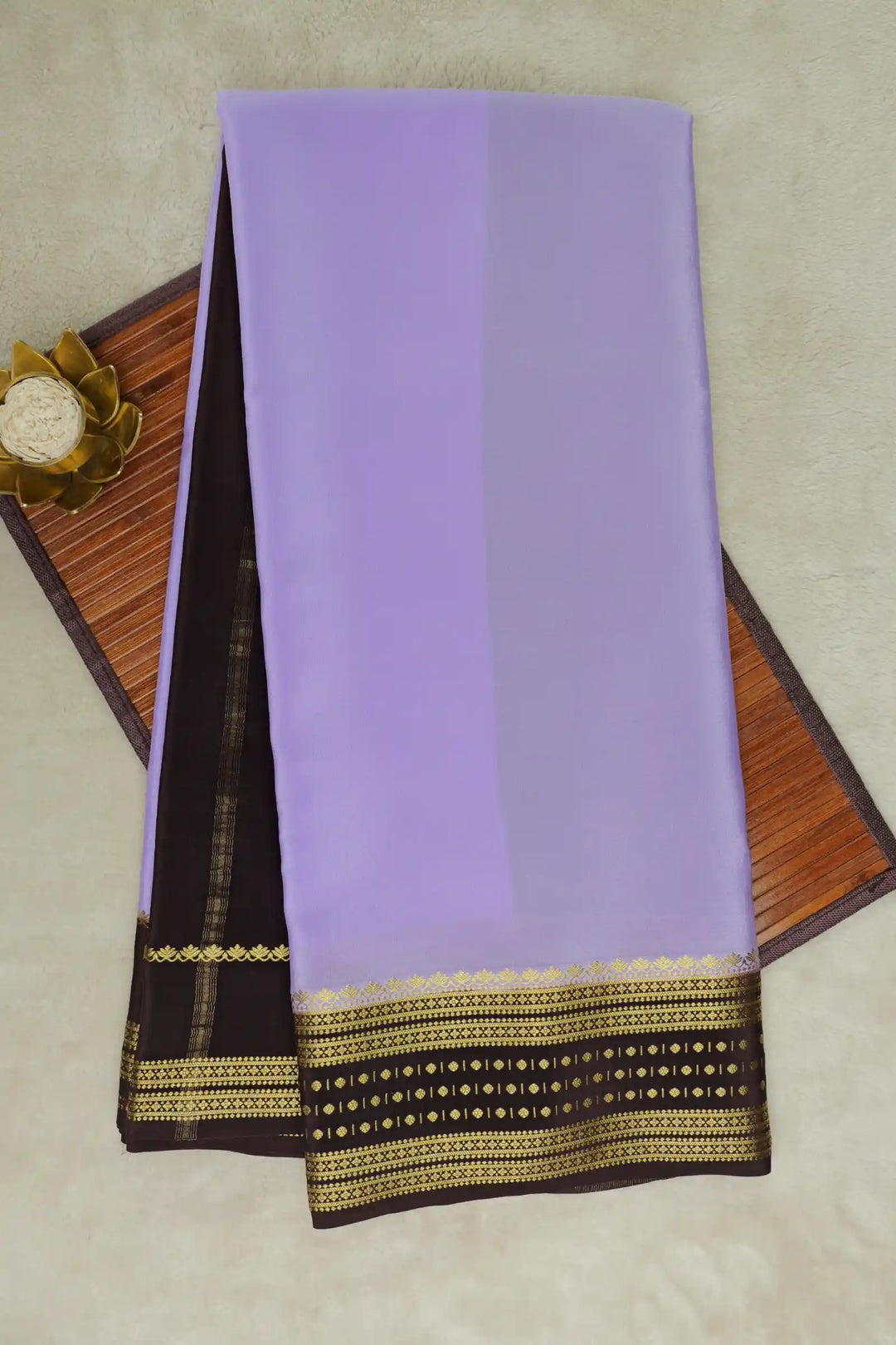 Lavender Mysore Silk Saree with Brown Border and Gold Zari Design