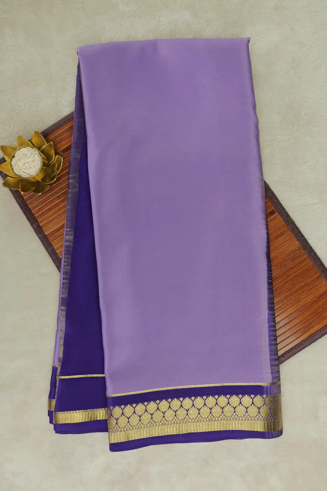 Lavender Mysore Silk Saree with Purple Border and Gold Zari Design