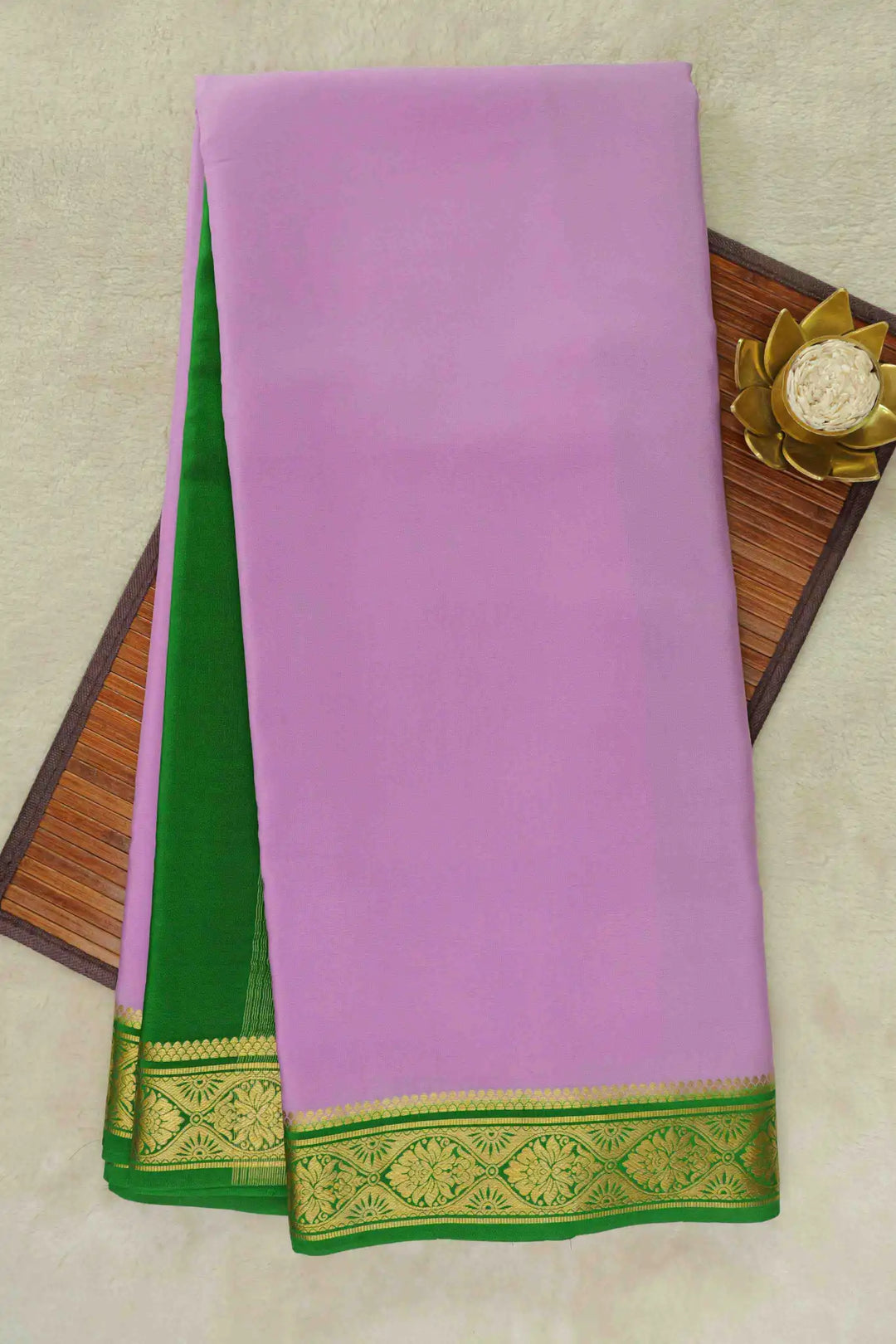 Lavender Mysore Silk Saree with green pallu and gold zari border