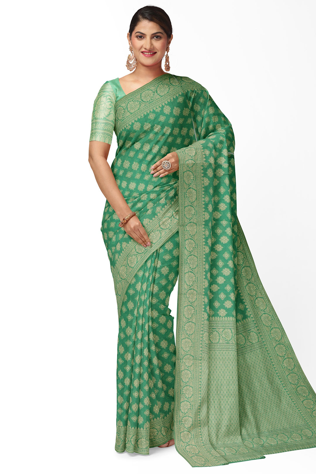 GREEN COLOUR BLENDED COTTON SADA BANARASI HANDLOOM SAREE