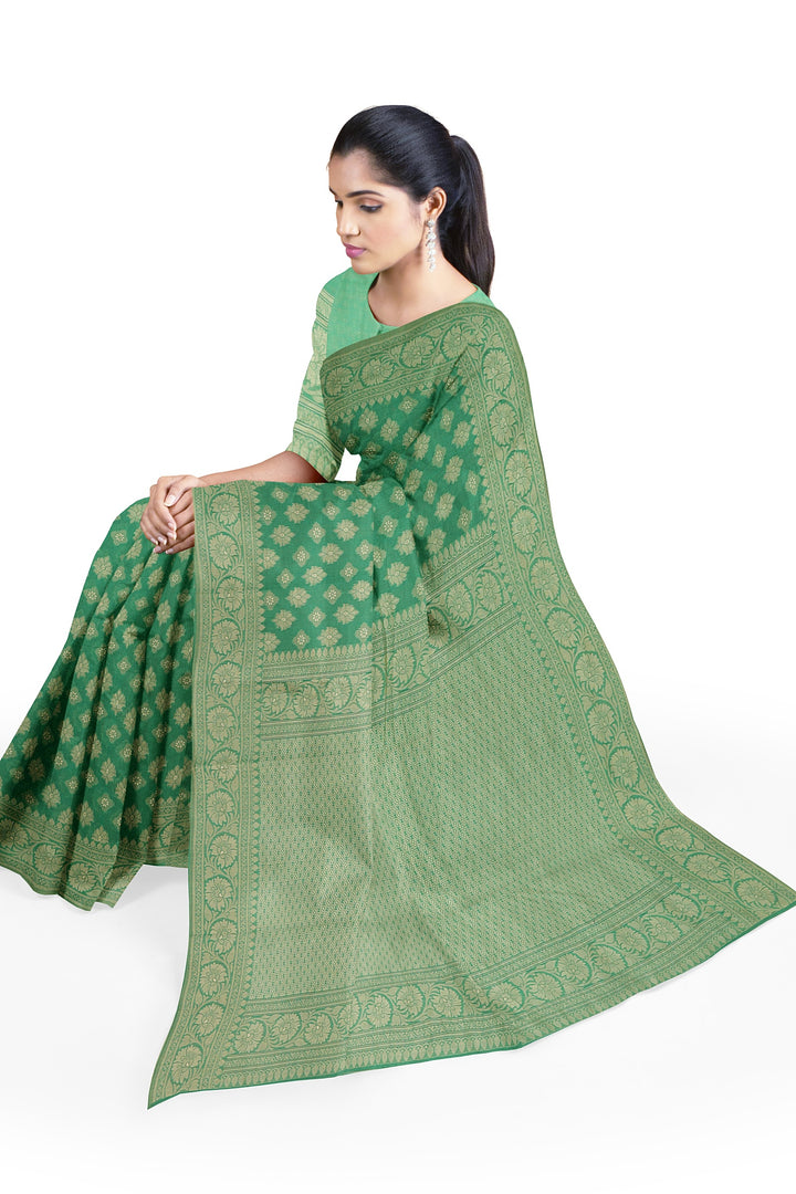 GREEN COLOUR BLENDED COTTON SADA BANARASI HANDLOOM SAREE - ATHARVA