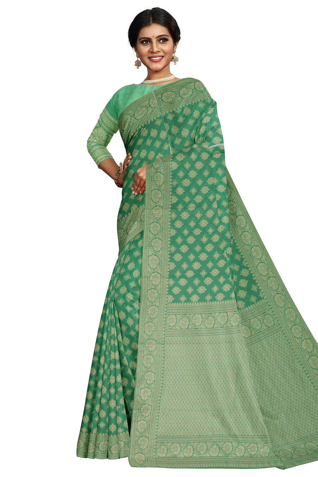 GREEN COLOUR BLENDED COTTON SADA BANARASI HANDLOOM SAREE