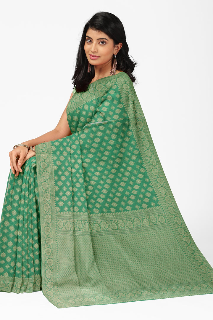 GREEN COLOUR BLENDED COTTON SADA BANARASI HANDLOOM SAREE - ATHARVA