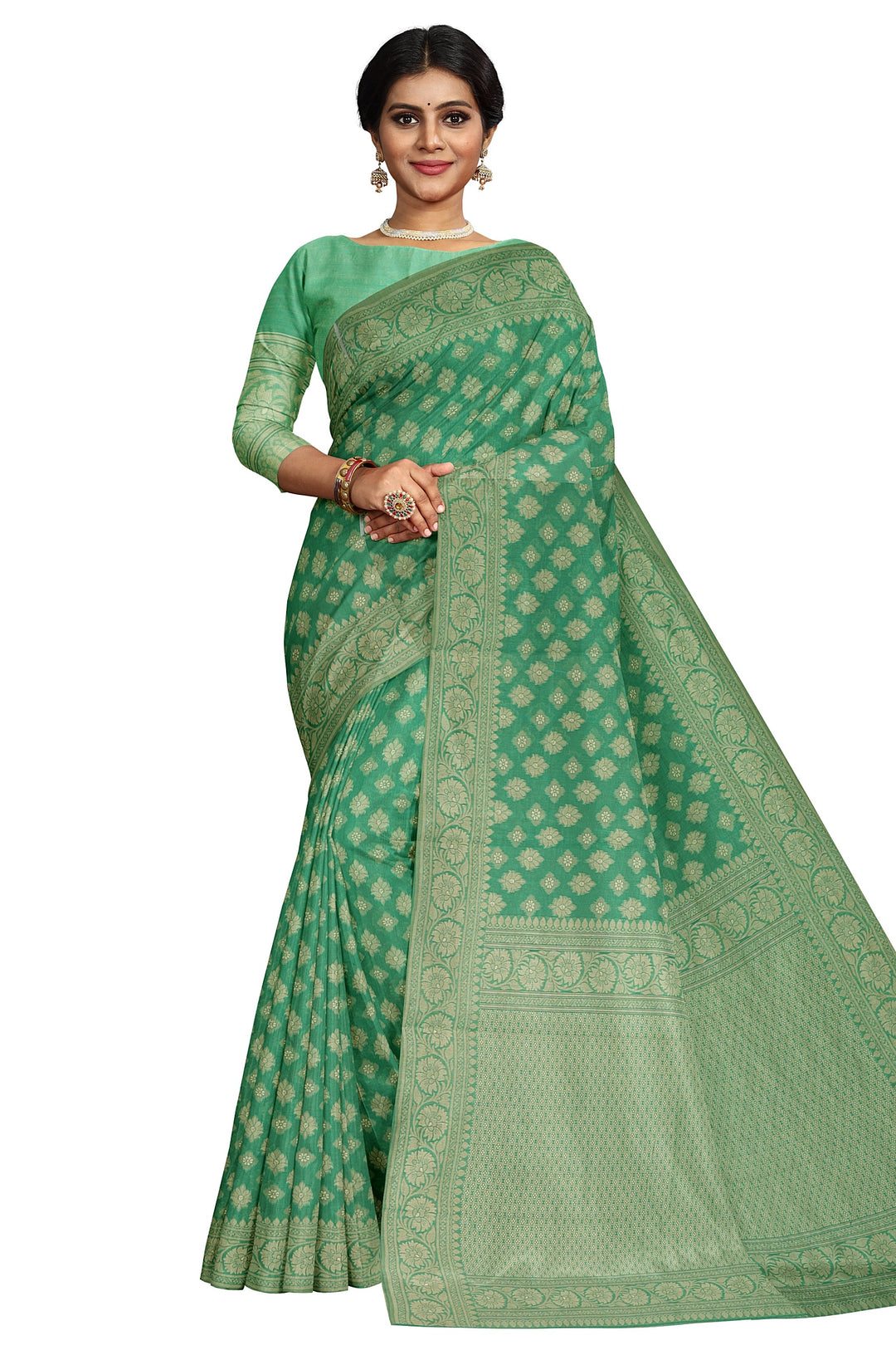 GREEN COLOUR BLENDED COTTON SADA BANARASI HANDLOOM SAREE - ATHARVA