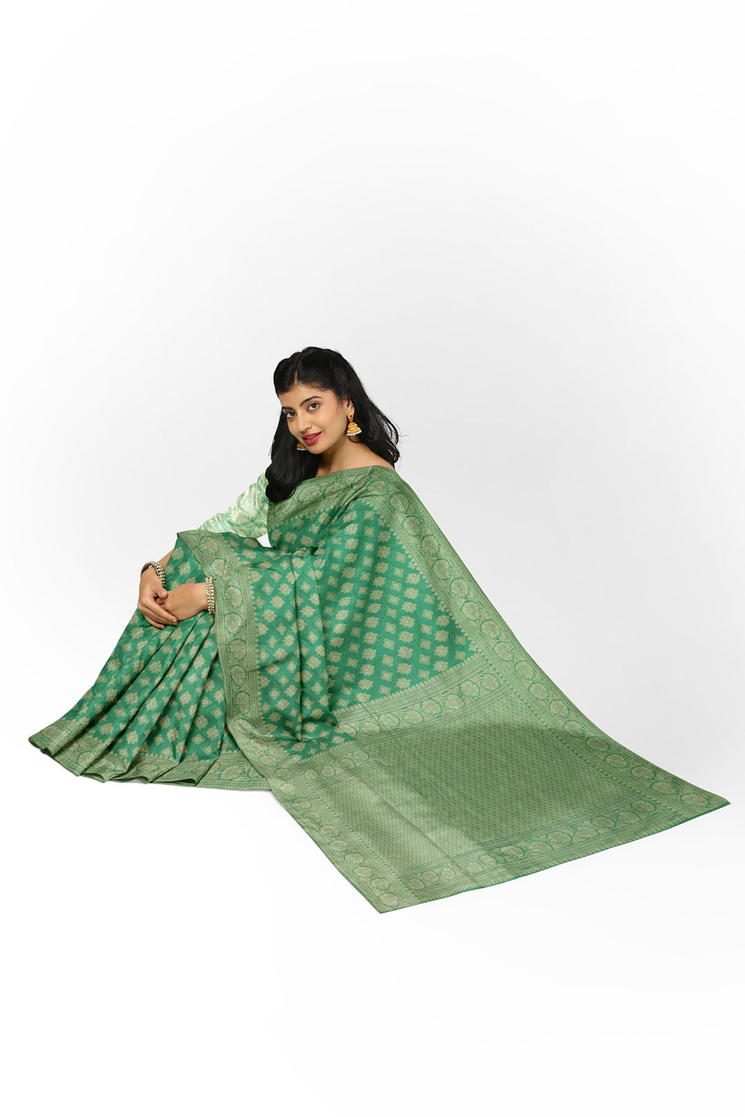 GREEN COLOUR BLENDED COTTON SADA BANARASI HANDLOOM SAREE - ATHARVA