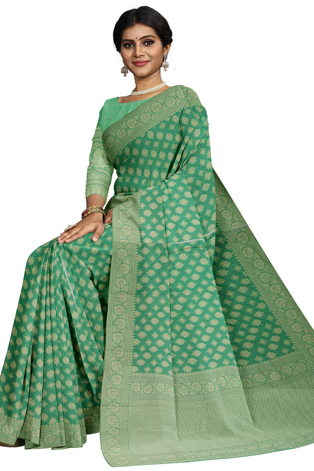 GREEN COLOUR BLENDED COTTON SADA BANARASI HANDLOOM SAREE