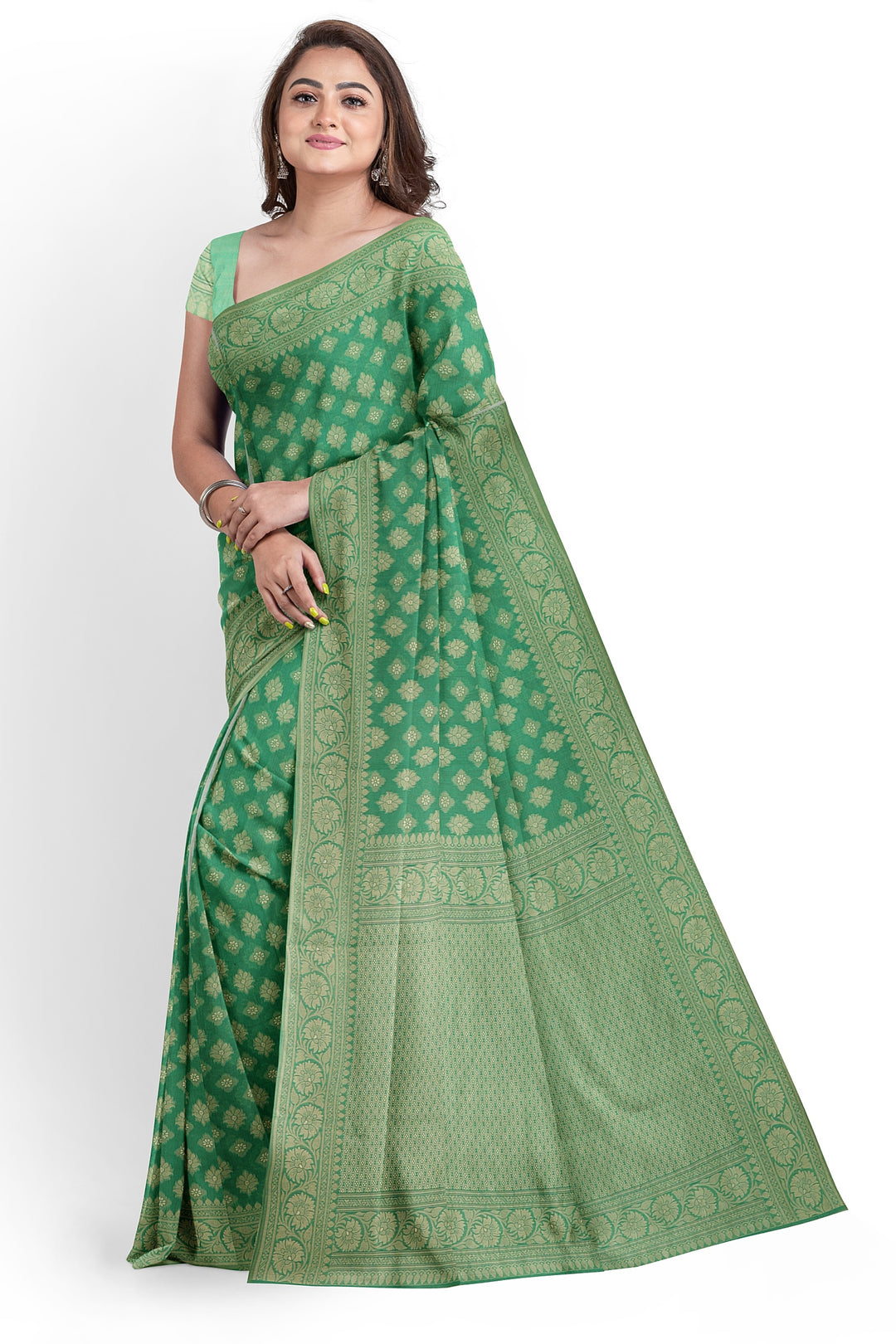 GREEN COLOUR BLENDED COTTON SADA BANARASI HANDLOOM SAREE